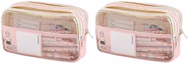 Two-Pack Large Capacity Three-Layer Transparent Pink Pencil Cases