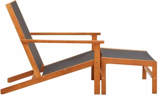 Berkfield Home Durable Garden Lounge Chair with Ottoman, Solid Eucalyptus Wood and Black Textilene Fabric