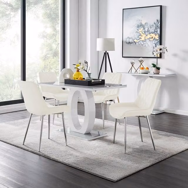 FurnitureboxUK Giovani Grey Dining Table with Four Pesaro Silver Leg Chairs and Cream Glass Top, W/D/H: 120 x 70 x 70 cm