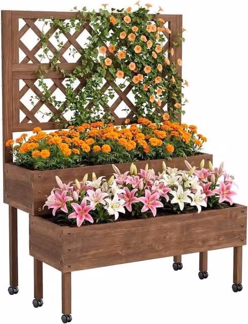 Havendro 2-Tier Wooden Raised Garden Bed with Trellis and Wheels in Brown
