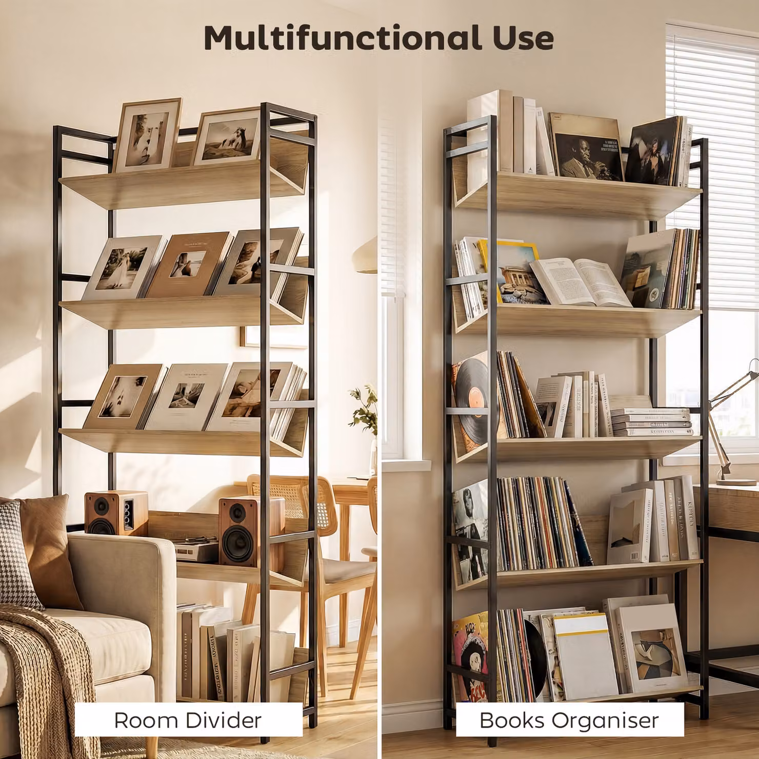 HOMCOM 5-Tier Industrial Oak and Metal Frame Bookshelf and Room Divider Storage Shelves – 3
