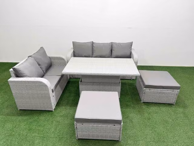 Fimous 7 Seater Grey PE Rattan Wicker Garden Furniture Set with Upholstered Cushions and Adjustable Lifting Table