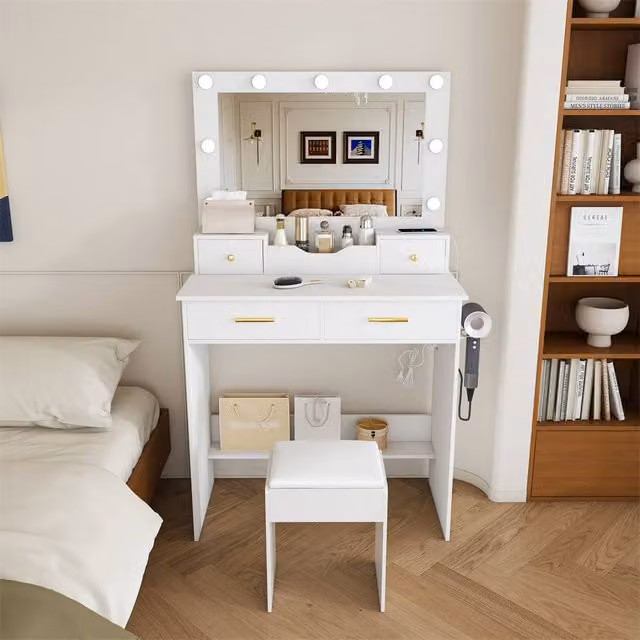 Direct Wicker Hollywood Makeup Vanity with 9-Bulb LED Large Mirror and Stool in White
