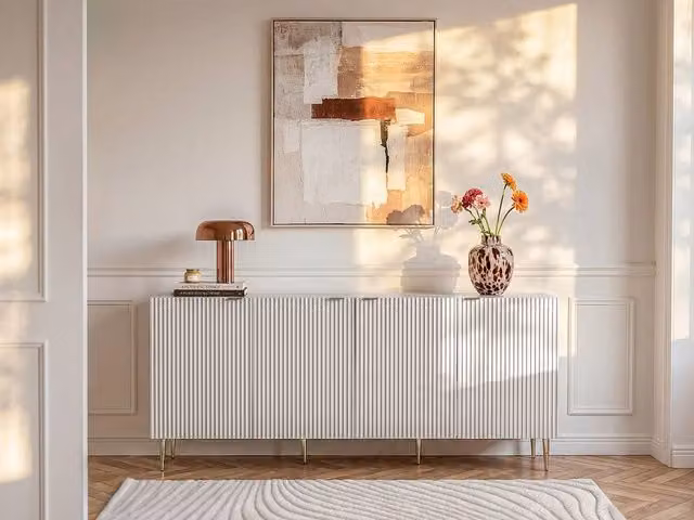 YESINIA Vente-unique Buffet with 4 Doors in Beige and Gold MDF and Steel