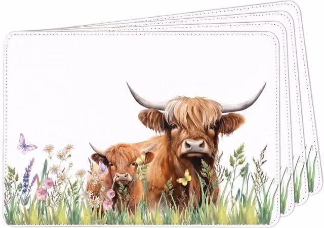 Purely Home Highland Cow and Calf Faux Leather Placemats, Set of 4, Brown and Multicolour