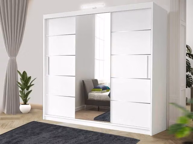 RAC3 Modern White Sliding Door Wardrobe with LED Lighting, Mirror and Integrated Drawers, 250 cm Width