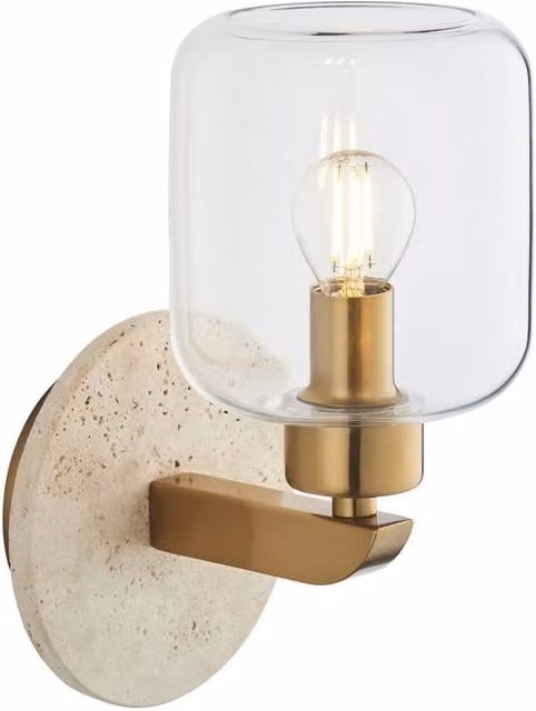 Netlighting Travi Wall Lamp in Natural Travertine with Vintage Brass and Clear Glass, E14, Gold – 1