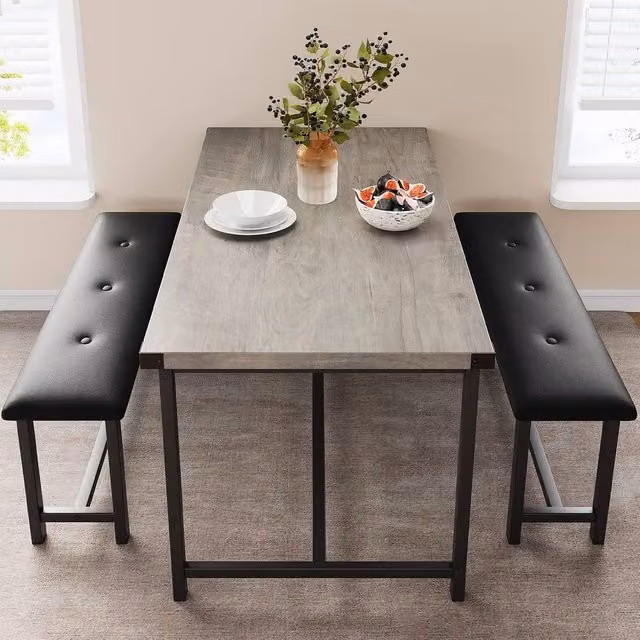 London Boutique 3-Piece Rectangular Dining Table Set with 2 Grey Upholstered Benches – 1