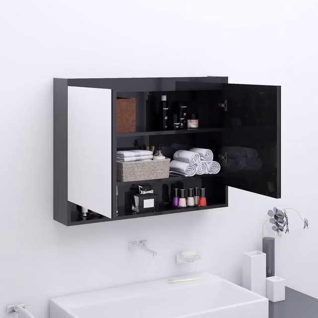Berkfield Home Modern Glossy Black Bathroom Mirror Cabinet, W: 80 cm, D: 15 cm, H: 60 cm