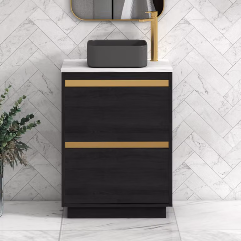 Royal Bathrooms Orion 600mm Hale Black Floor Standing Vanity Unit with Carrara White Art Square Basin and Brushed Brass Accents