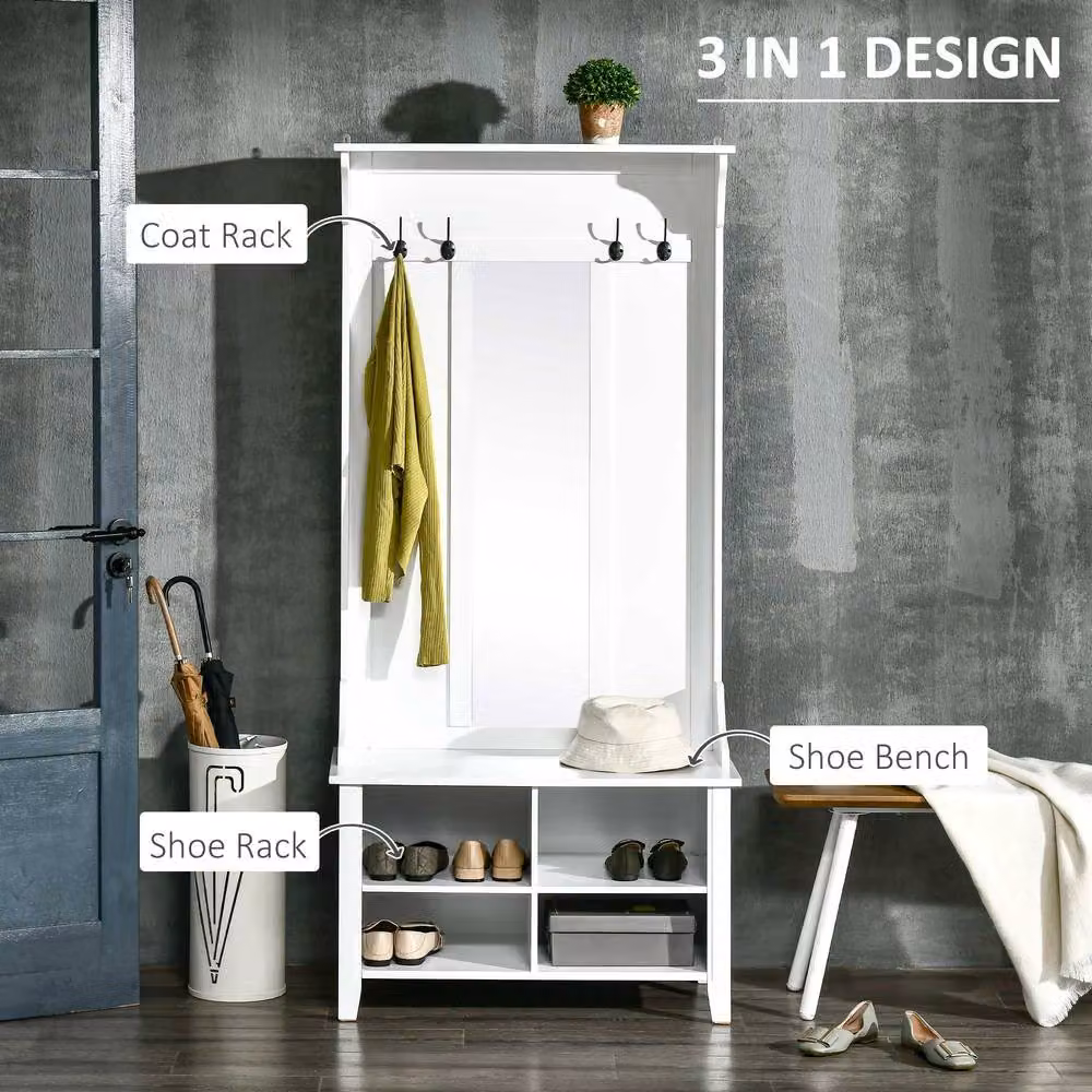 HOMCOM Modern Hallway Furniture Set with Shoe Bench, Mirror Cabinet and Coat Rack in White – 3