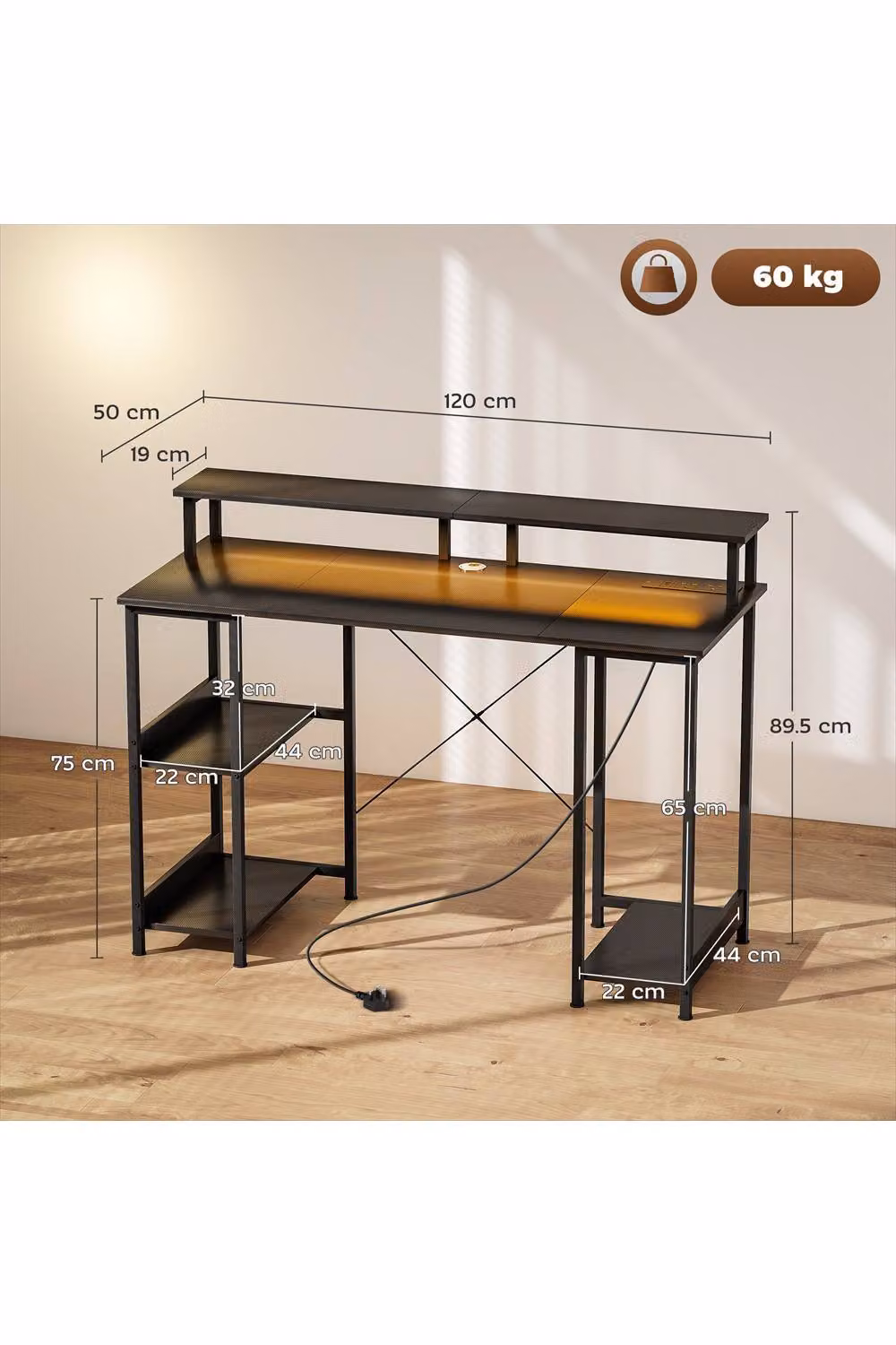 ERGOVEXA Modern LED Computer Desk with Power Outlets and Shelves, Grey and Black – 2