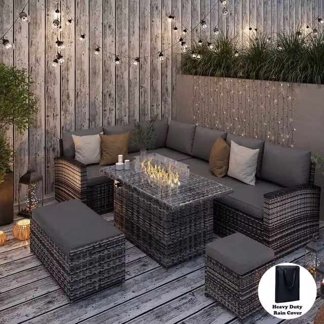 Furniture Maxi 9 Seater Rattan Corner Sofa Set with Fire-Pit Dining Table and Storage Box in Mixed Grey