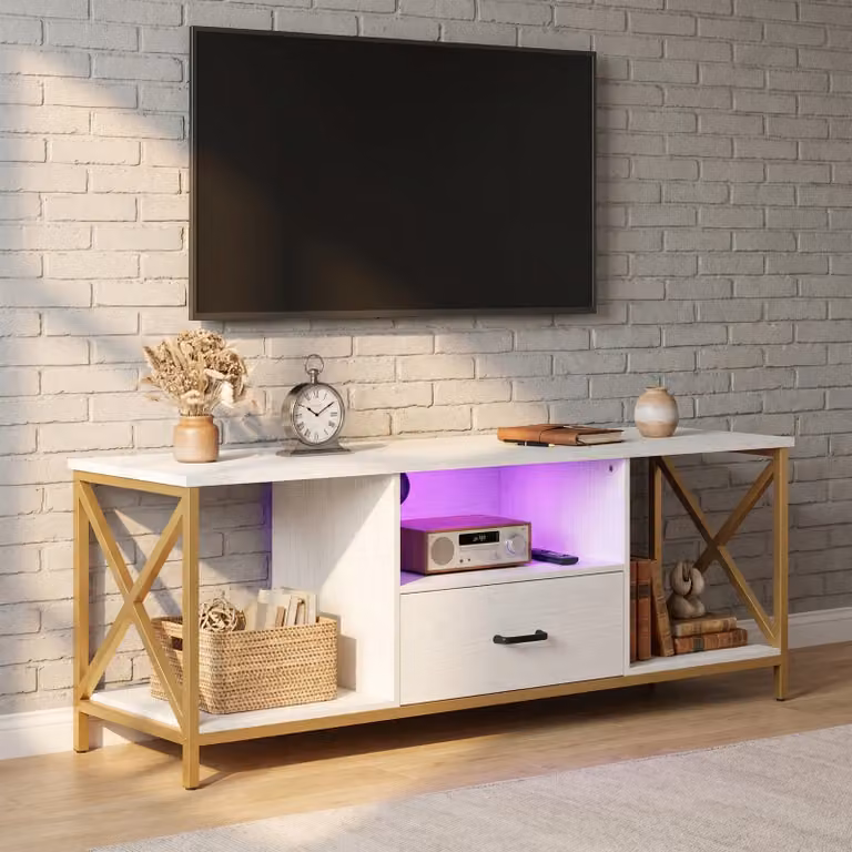 DHS Calvera White and Gold LED TV Stand with Storage for TVs up to 55 inch, W: 140 cm, D: 41 cm, H: 53 cm