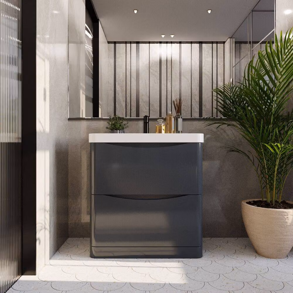 Balterley Modern Grey Floor Standing 2 Drawer Bathroom Vanity with Ceramic Basin, Width: 80 cm – 2