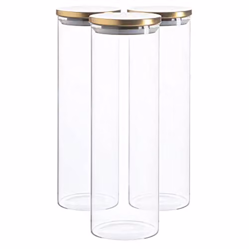 Argon Tableware Scandi Airtight Glass Storage Jars with Gold Metal Lids, 2 Litre, 3 Pack – 1