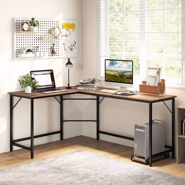 FORGEVIO L Shaped Gaming Desk with CPU Stand in Brown