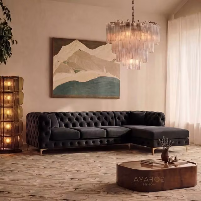 Sofaya Monaco Chesterfield 4 Seater L-Shaped Chaise Sofa in Black Velvet, Right Hand Facing