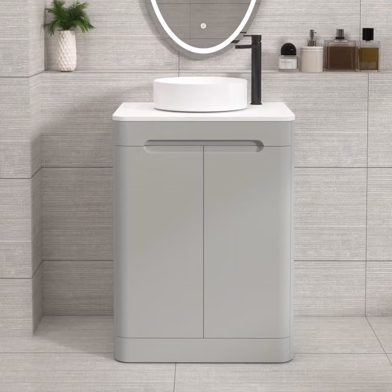 Royal Bathrooms Venice 600mm Floor Standing Vanity Unit in Dove Grey with Plain White Worktop