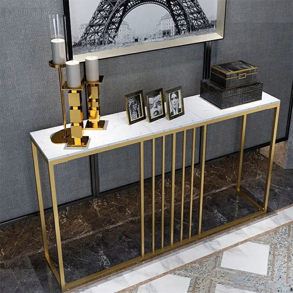 NESTLUNE Slim Modern Marble and Metal Hallway Console Table in Gold – 3