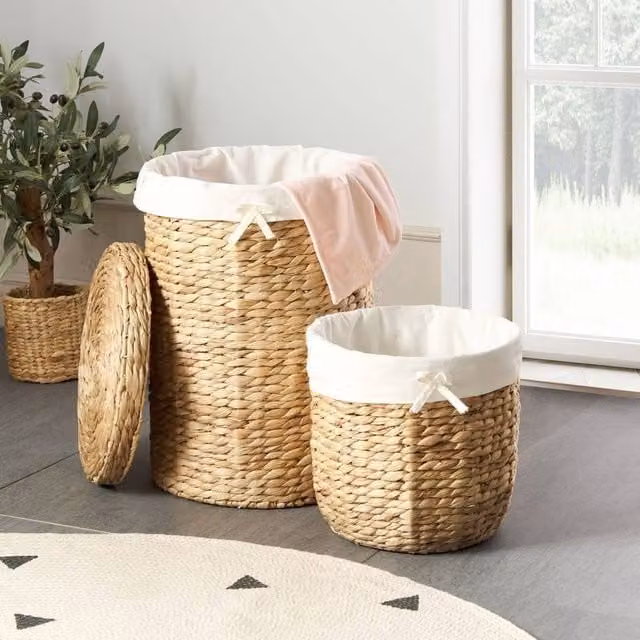 Wyld and Coco Set of 2 Handwoven Water Hyacinth Storage Baskets with Lids and Removable Cotton Bags in Natural Beige