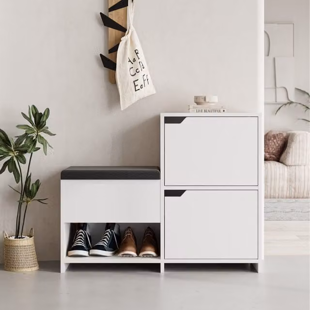 Decortie Haven Modern 3-Door Shoe Storage Bench in White, 2 Pack, Width: 101 cm
