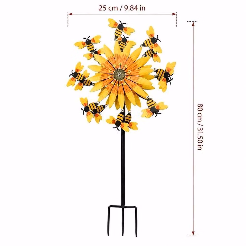 FLAVORA Bee and Sunflower Metal Garden Spinner with Spike in Yellow – 2