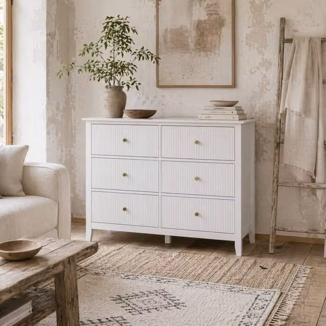 Wyld Haus Lezi 6 Drawer White Fluted Storage Dresser W/D/H: 100 x 40 x 78 cm