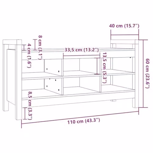 vidaXL Hall Bench and Shoe Rack in Honey Brown Solid Pine Wood, W: 110 cm, D: 40 cm, H: 60 cm – 3