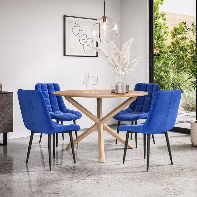 More4Homes Malvern Round Oak Effect Dining Table Set with 6 Blue Nova Velvet Chairs, Diameter: 120 cm, Height: 75 cm