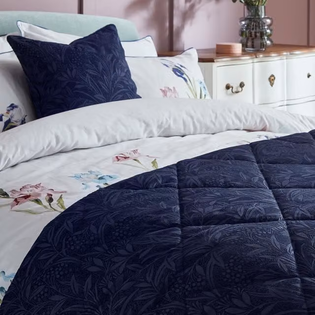 Laura Ashley Barley Embossed Velvet Bedspread in Navy Blue, W x D: 235 x 235 cm