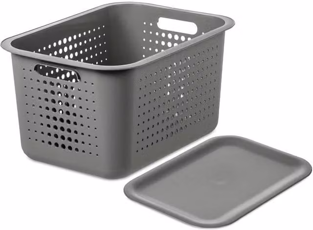 SmartStore Basket Storage Box with Plastic Lid, Grey, W: 37.0 cm, D: 28.0 cm, H: 13.0 cm