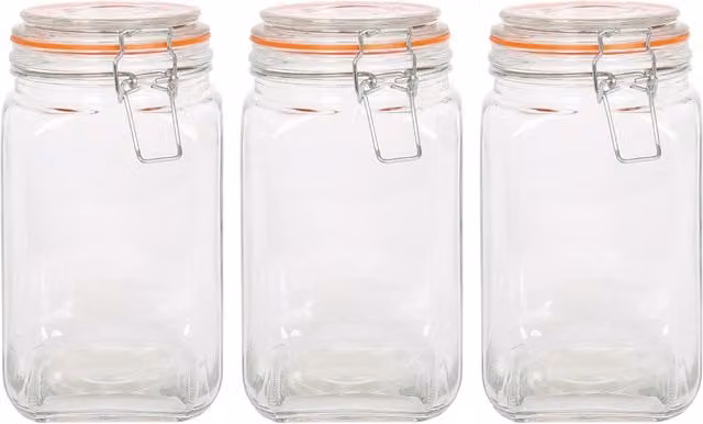 Argon Tableware Square Glass Jar with Clip-Top Lid, Transparent, 1.25 l (Pack of 3)