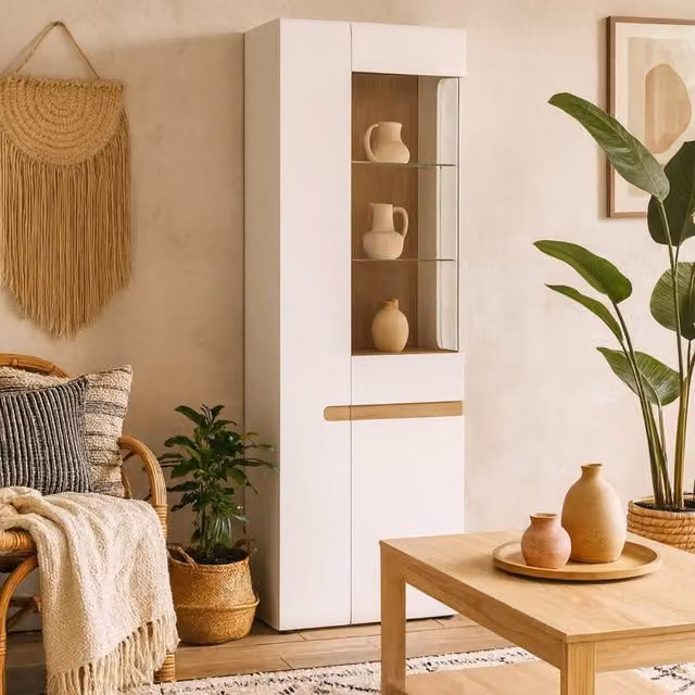 Wyld Haus Foxwhisk Tall Glazed Narrow Display Unit in White Gloss and Truffle Oak, H: 194.5 cm, W: 64.0 cm, D: 42.0 cm