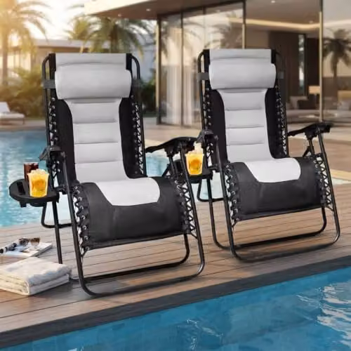 Alivio Set of 2 Padded Gravity Sunloungers in Black with Cup Holders and Side Tray – 3