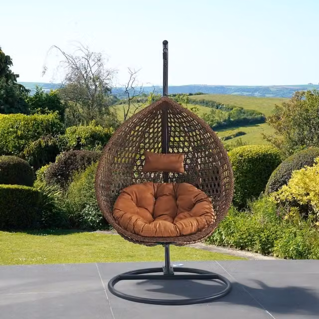 Artemis Home Sunbury Hanging Single Egg Pod Swing Chair in Brown with Metal Stand and Rattan Design – 1