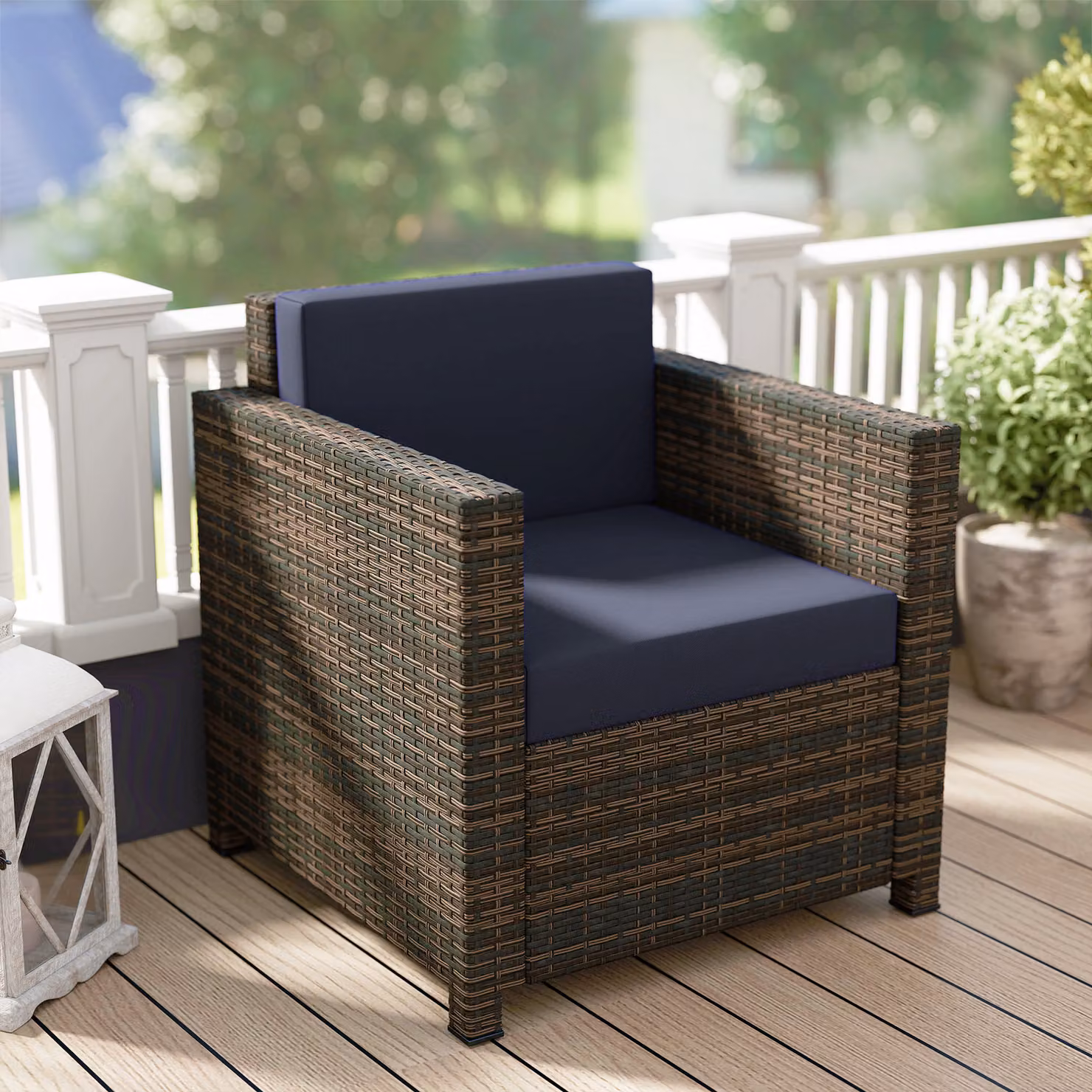 Outsunny PE Rattan Garden Armchair with Cushions in Mixed Brown and Navy Blue – 7
