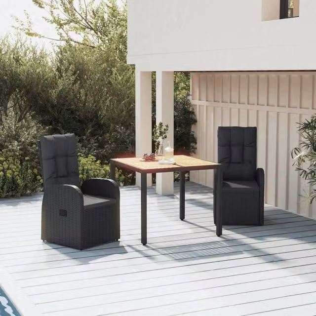 Berkfield Home 3 Piece Garden Dining Set in Black Poly Rattan and Solid Acacia Wood
