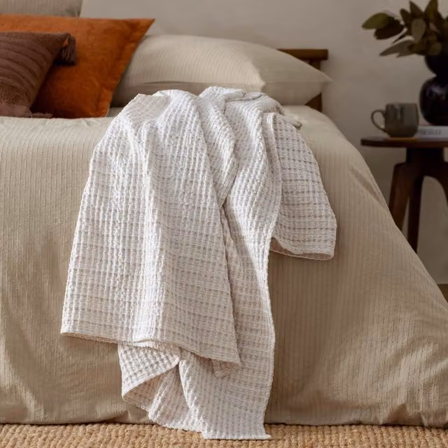 Make It A Home Reversible Waffle Pique Cotton Bedspread in Beige and Yellow Striped Design