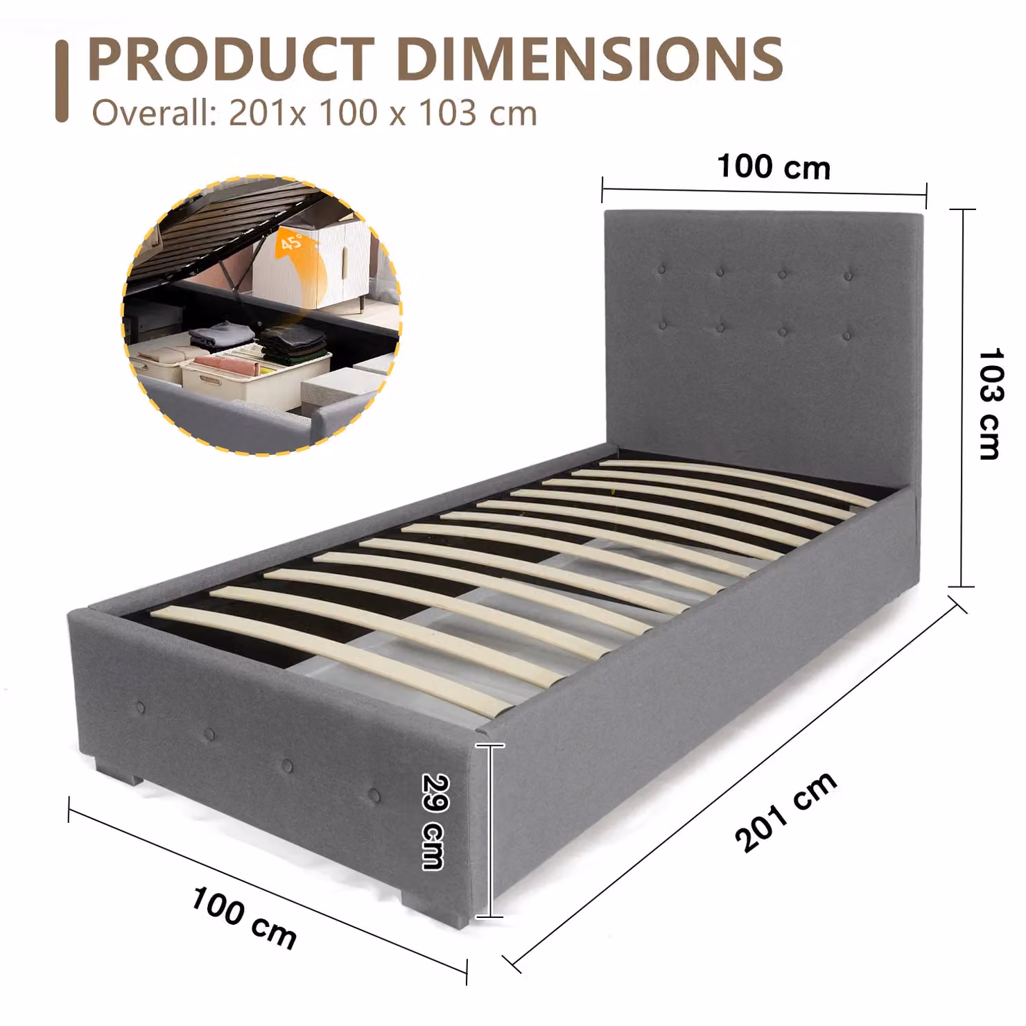 Comfy Living Ltd Grey Fabric Upholstered Ottoman Storage Gaslift Bedframe, W: 100 cm, D: 200 cm, H: 103 cm – 6