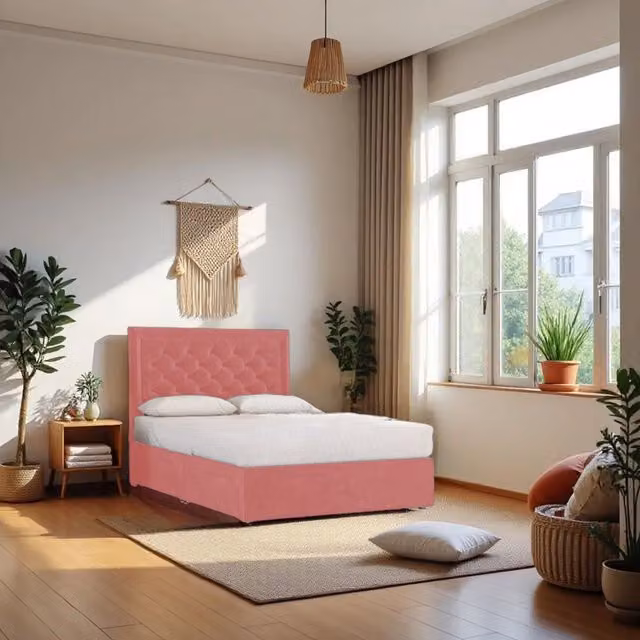 Knight Sleep Ellis Plush Small Double Bed Set with Hybrid Mattress and 2 Drawers in Pink