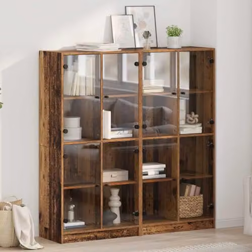 vidaXL Set of 2 Modern Highboards in Old Wood with Glass Doors, W/D/H: 136 x 37 x 142 cm – 2