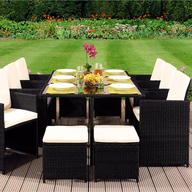 Comfy Living 11 Piece Modern Cube Rattan Garden Furniture Set with Cover, Black