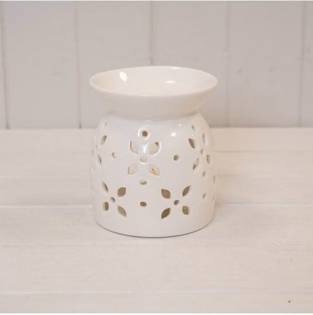 KDMD White Ceramic Glazed Oil Burner with Floral Petal Design