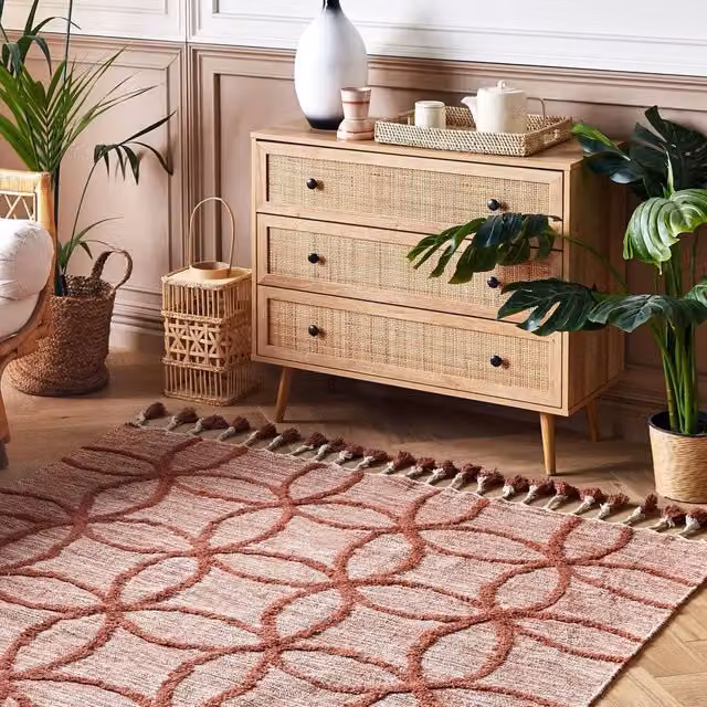 Wyld and Coco Red Cotton Hand-Tufted Boho Geometric Rectangular Rug with Fringes W: 160 cm, L: 230 cm – 1