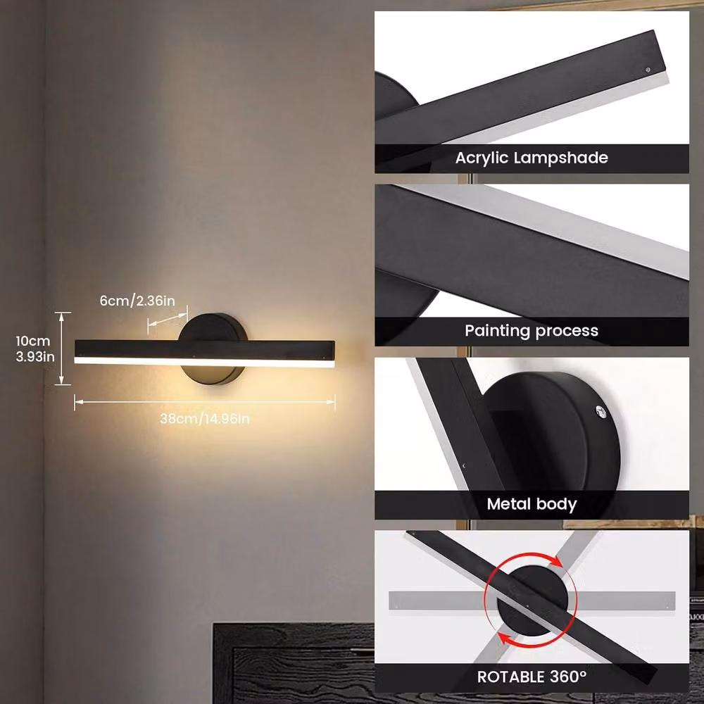 COMELY Modern LED Wall Light in Black with 12W Warm White 3000K Adjustable Lighting – 6