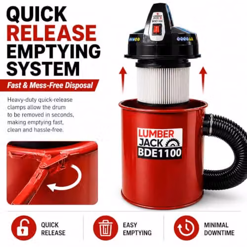 Lumberjack 1100W Woodworking Dust Collector with 50L Drum in Red, W: 100 cm, D: 40 cm, H: 40 cm – 9