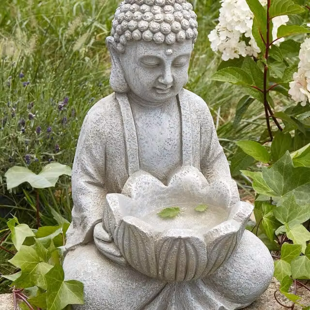 Wyld and Coco Grey Buddha Figurine Lotus Bowl Planter, Height: 44 cm, Width: 27 cm, Depth: 23 cm