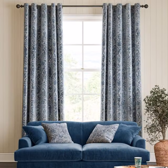 William Morris Compton Silhouette Made To Measure Indigo Blue Floral Velvet Eyelet Curtains