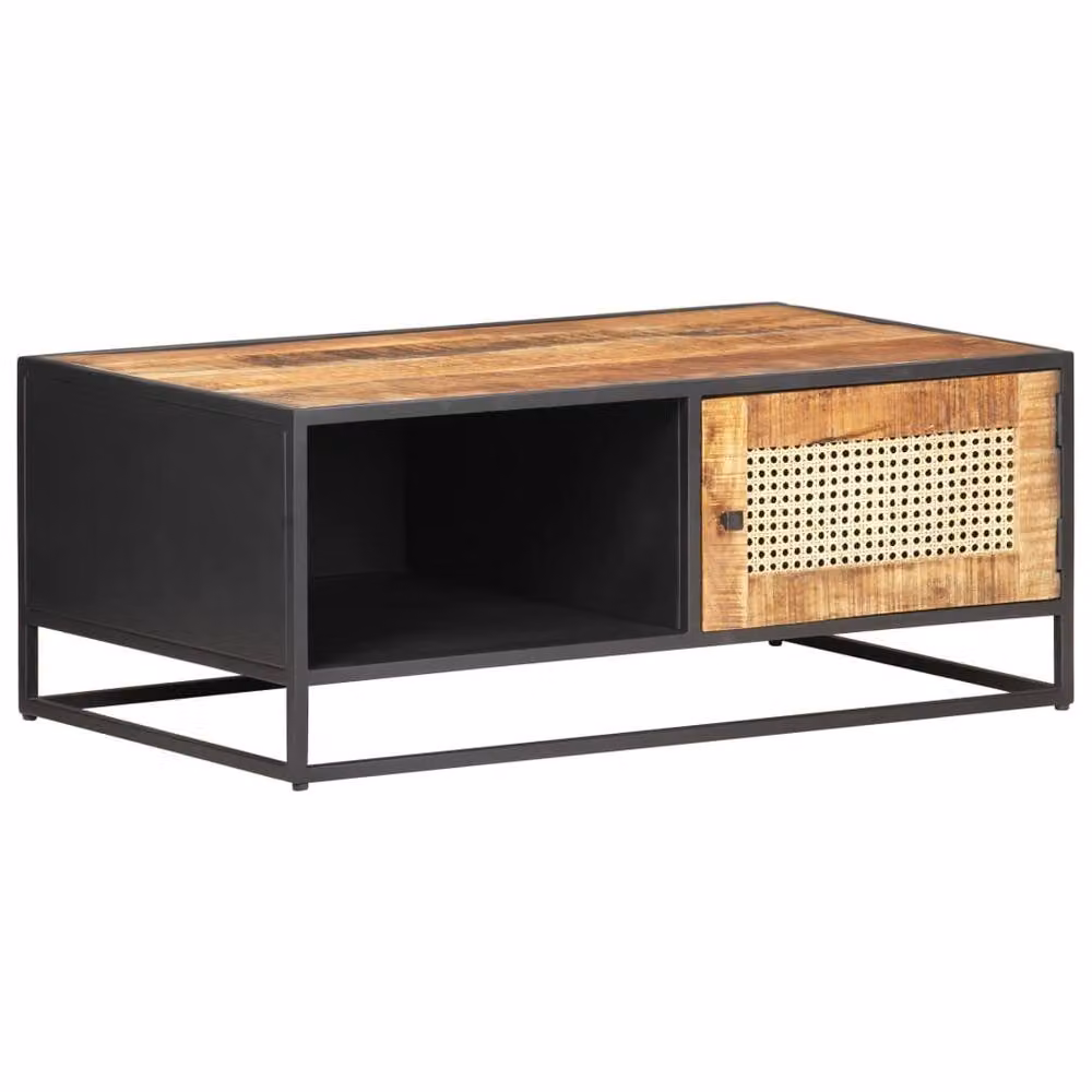 Berkfield Home Beautiful Coffee Table in Brown Mango Wood and Natural Cane, W/D/H: 90 x 50 x 35 cm – 2